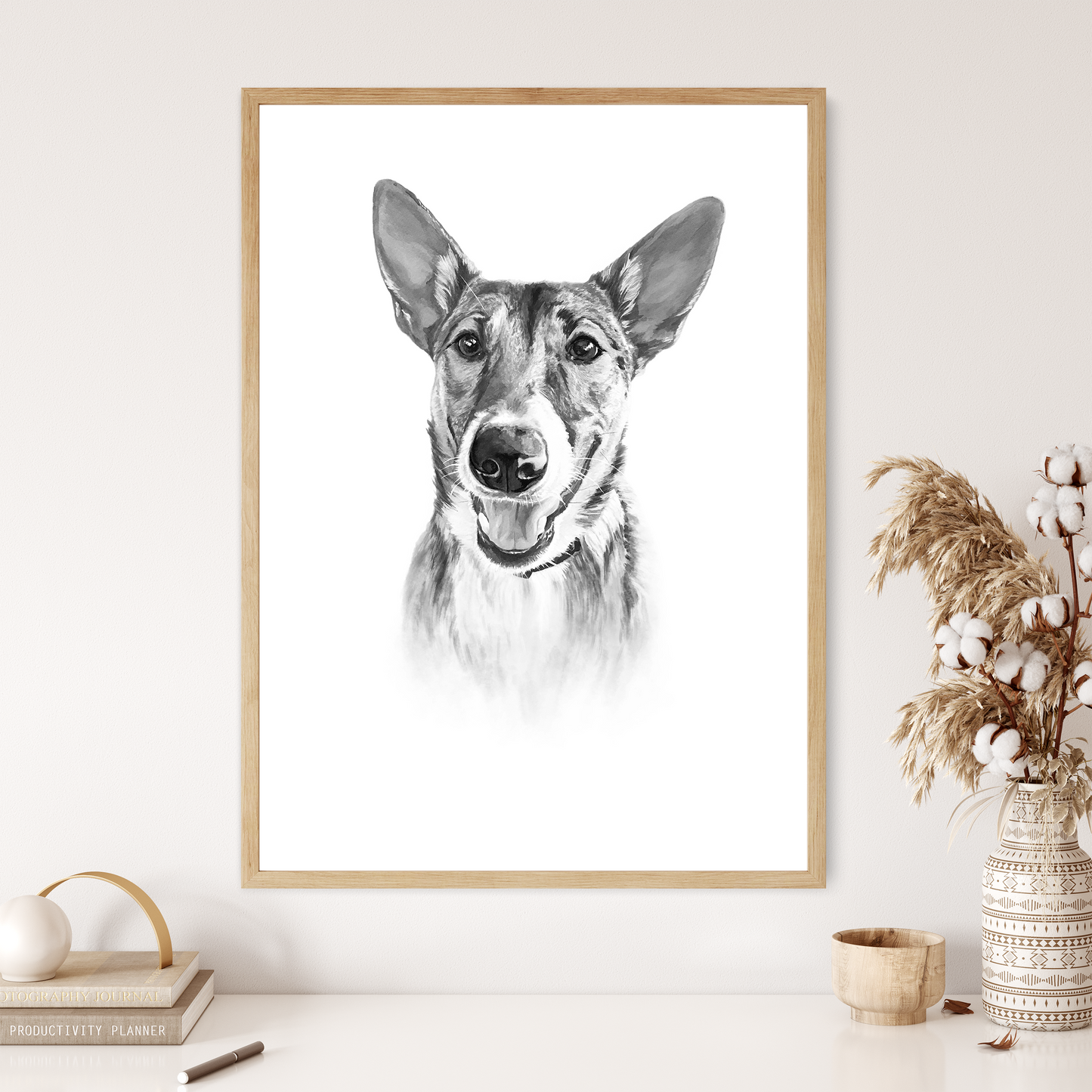 Personalized Dog Portrait From Photo 100% Watercolor Black & White Hand Painting