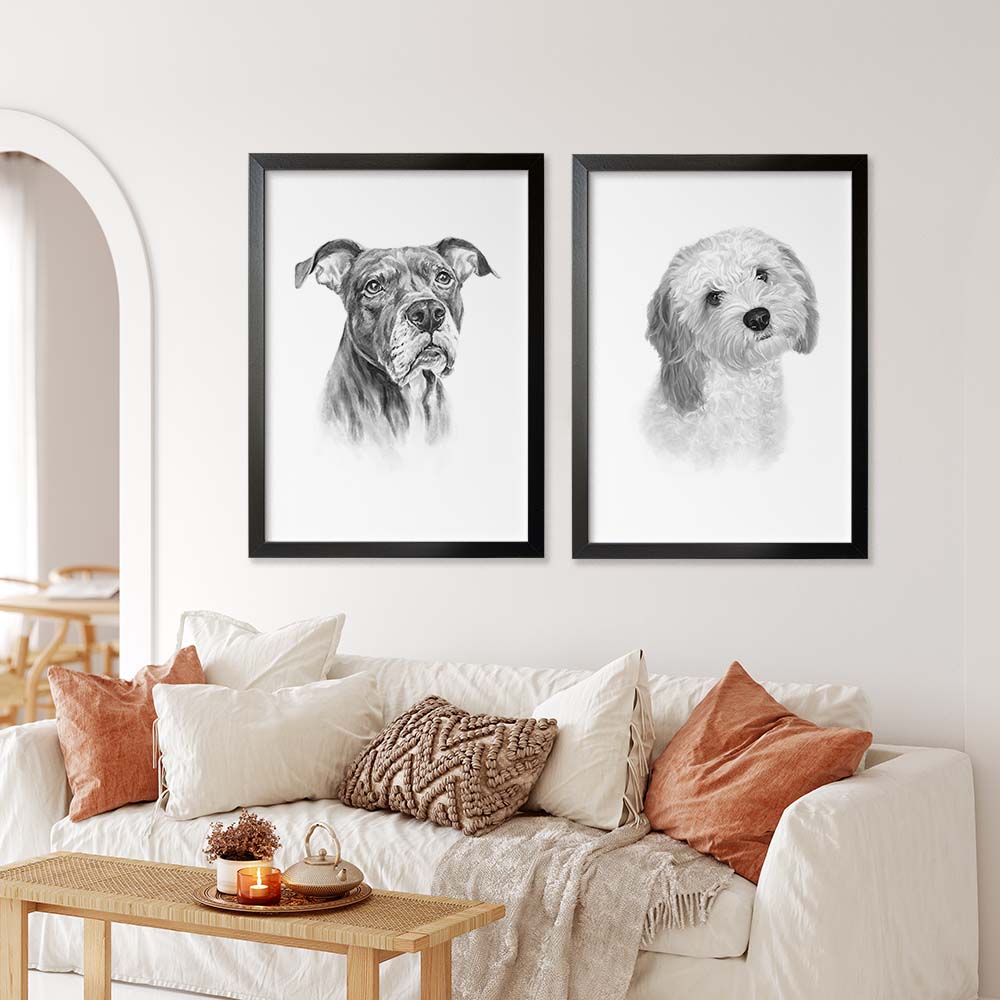 Personalized Dog Portrait From Photo 100% Watercolor Black & White Hand Painting