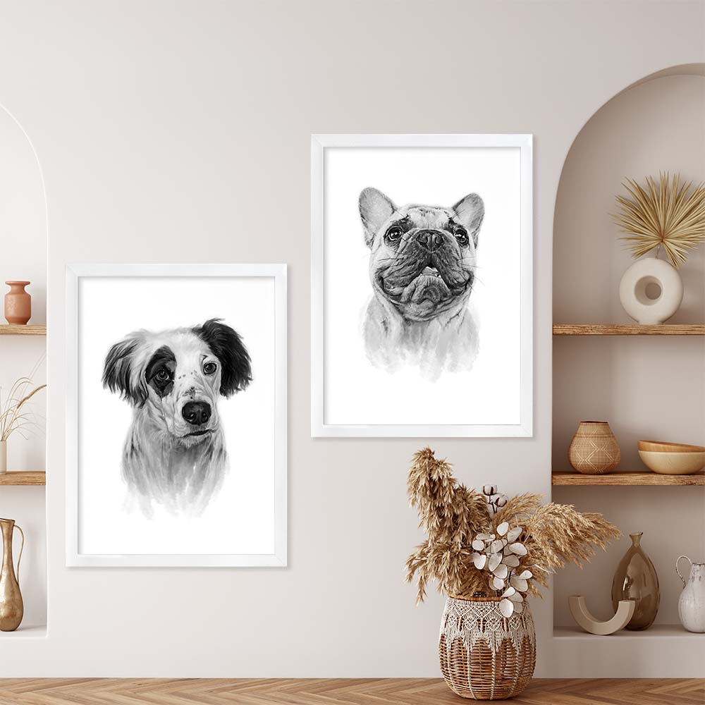 Personalized Dog Portrait From Photo 100% Watercolor Black & White Hand Painting