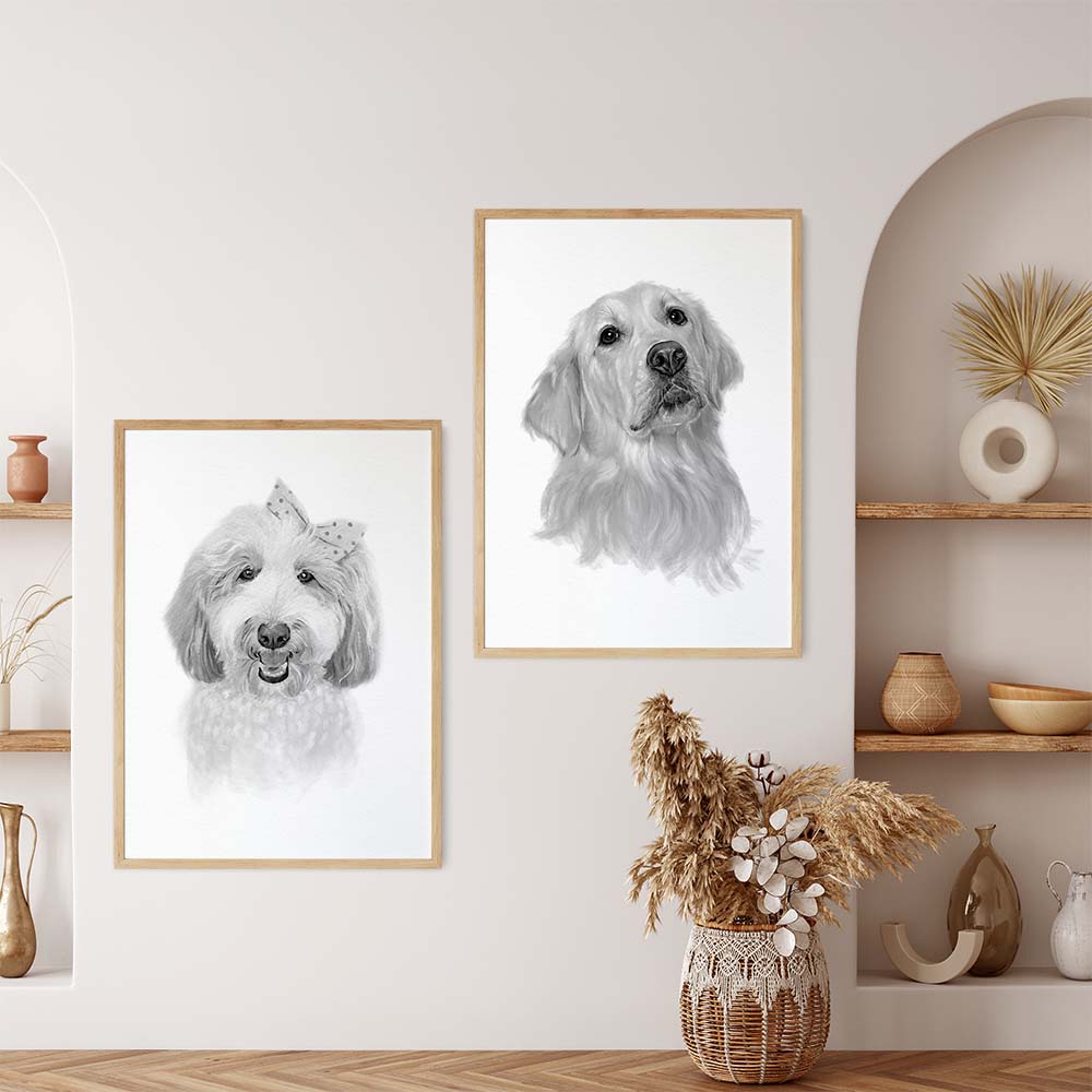 Personalized Dog Portrait From Photo 100% Watercolor Black & White Hand Painting